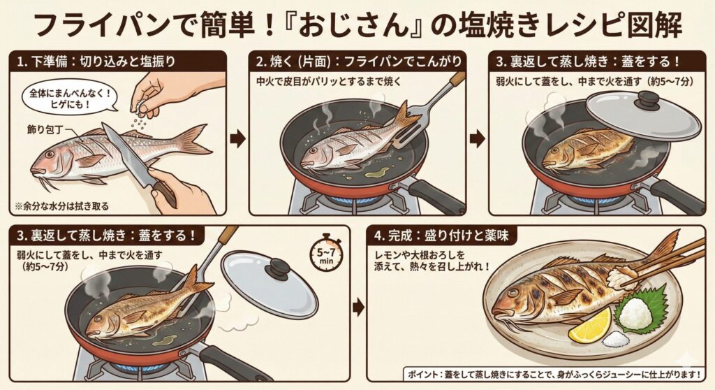 フライパンでもできる！おじさんの魚の塩焼きレシピ