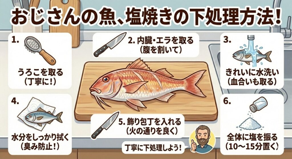 おじさんの魚の塩焼きの下処理方法