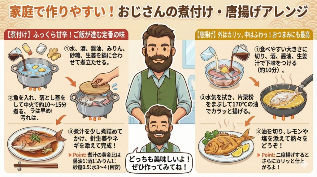 家庭で作りやすい!おじさんの煮付け・唐揚げアレンジ