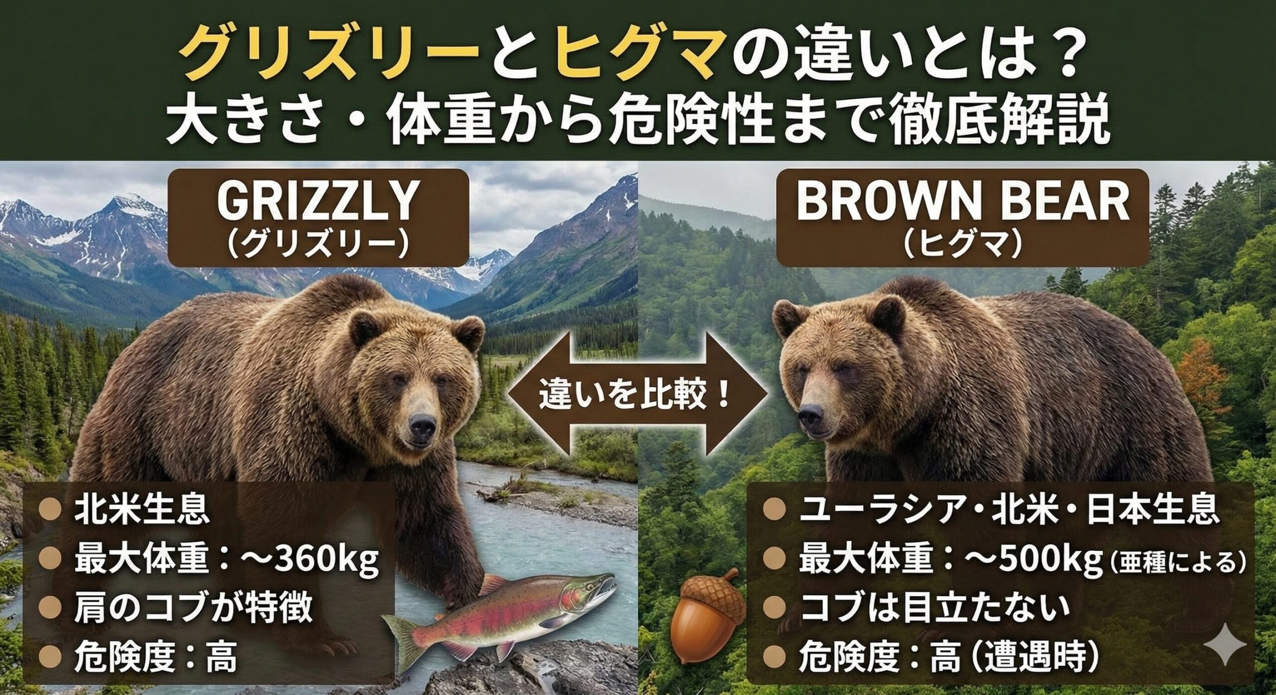 グリズリーとヒグマの違いとは？大きさ・体重から危険性まで徹底解説